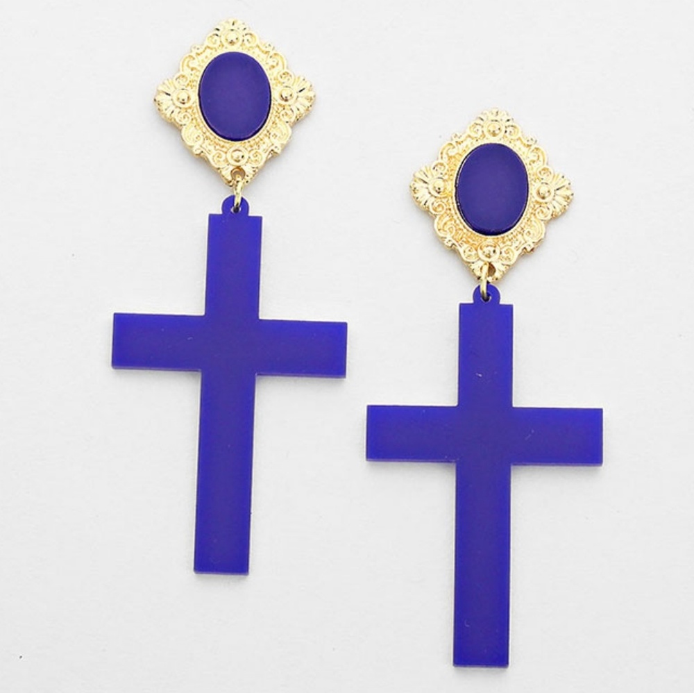 Blue and Gold Cross Dangle Earrings 3 Inches